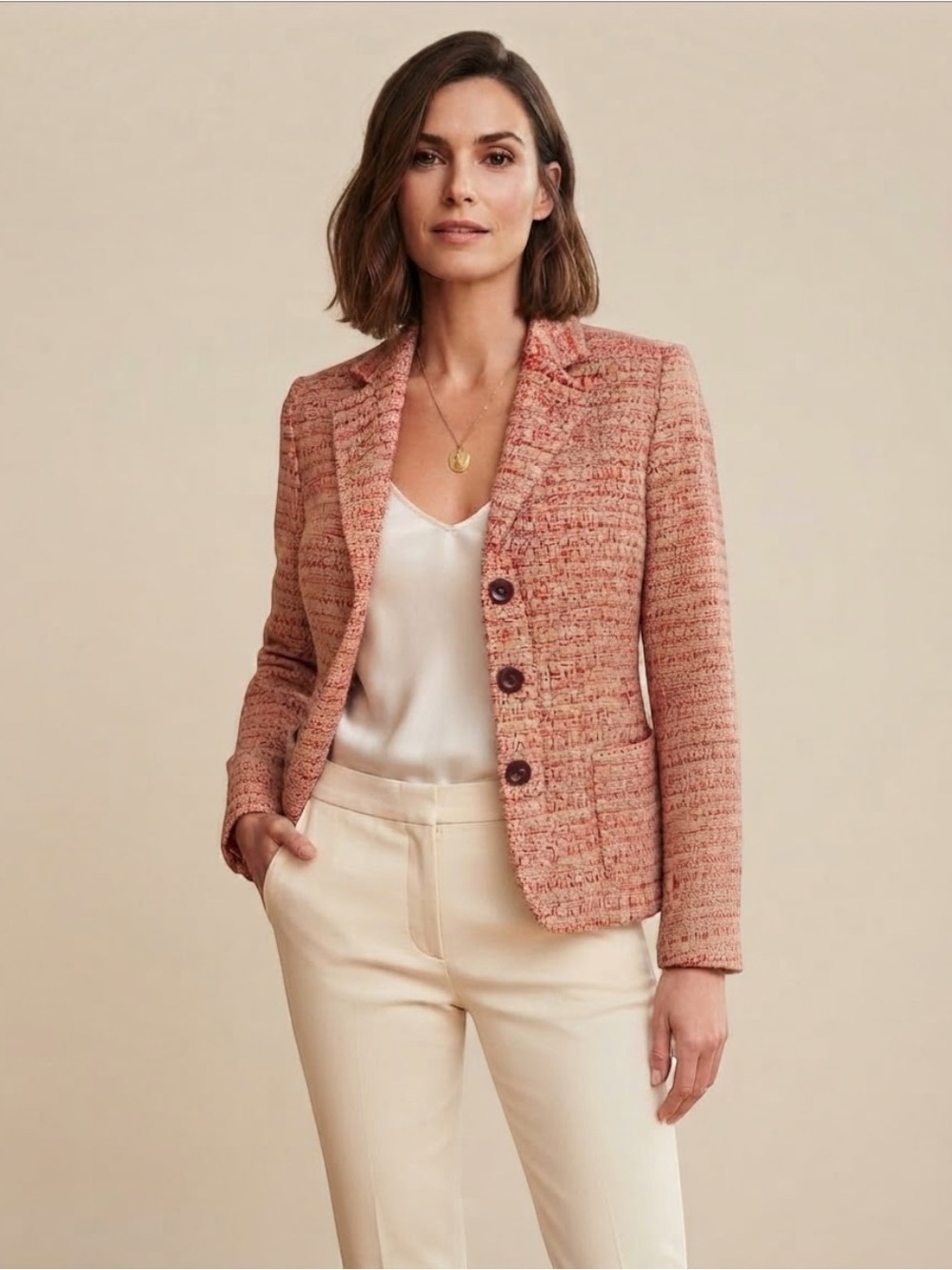 Max Mara Red Tan Tweed Virgin Wool Blend Tailored Blazer Size 6 US / IT 36